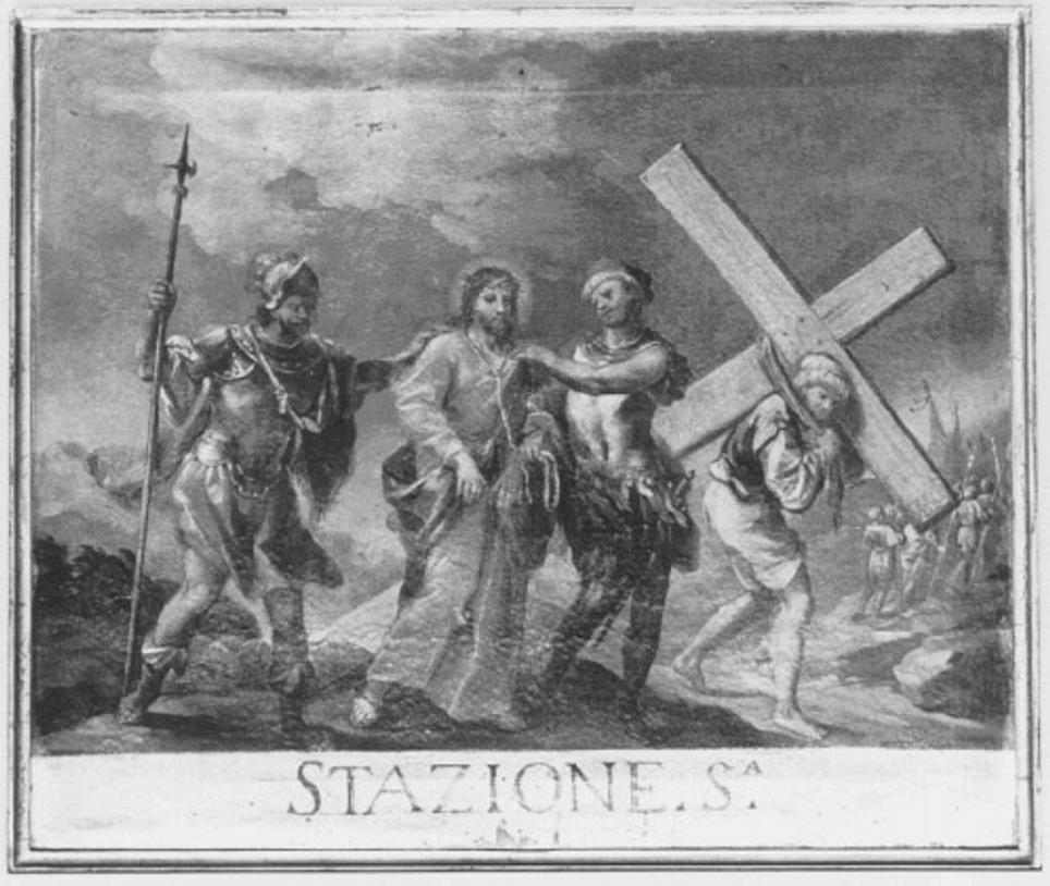 stazione V: Gesù aiutato da Simone il Cireneo a portare la croce (dipinto) di Pasqualotto Costantino detto Costantini (sec. XVIII)