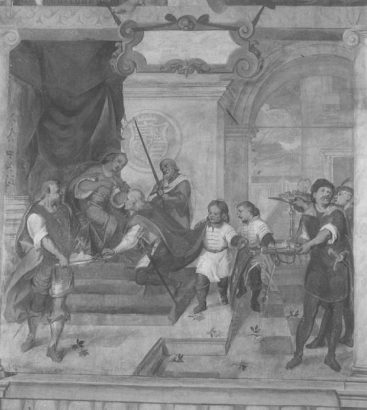 Giovanni Barbarigo nominato cavaliere dalla Regina d'Ungheria (dipinto) di Vassillacchi Antonio detto Aliense, De Ferrari Antonio detto Foler (attribuito) (fine/inizio secc. XVI/ XVII)