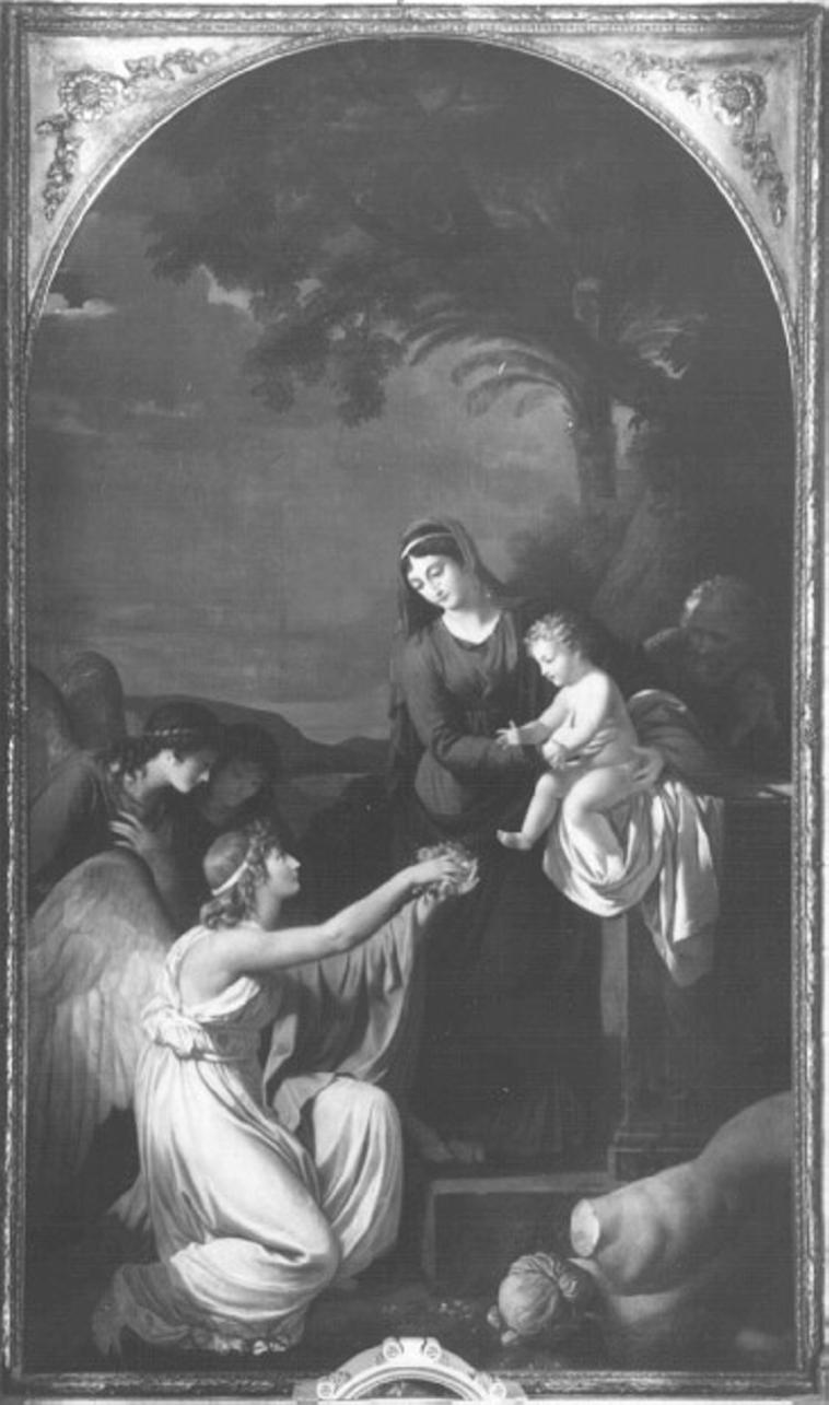Sacra Famiglia con angelo (dipinto) di Menageot Francois Guillaime (sec. XVIII)