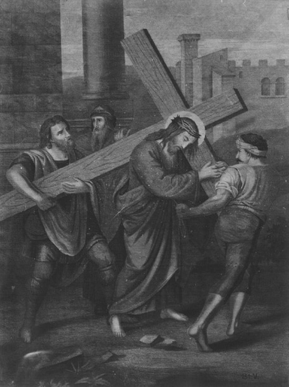 stazione V: Gesù aiutato da Simone il Cireneo a portare la croce (dipinto) - ambito vicentino (sec. XVII)