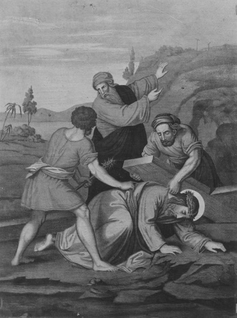 stazione III: Gesù cade sotto la croce la prima volta (dipinto) - ambito vicentino (sec. XVII)