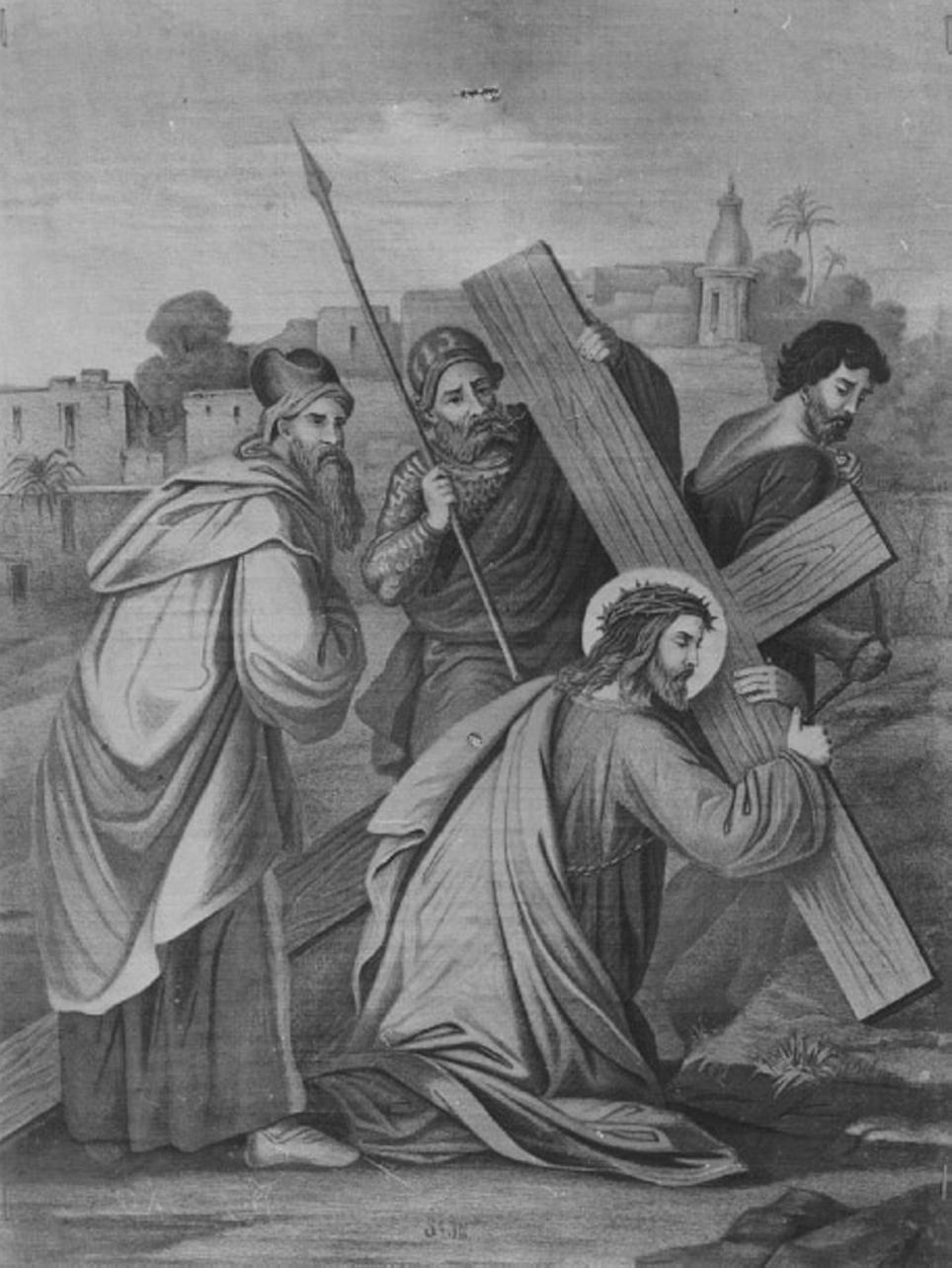 stazione VII: Gesù cade sotto la croce la seconda volta (dipinto) - ambito vicentino (sec. XVII)