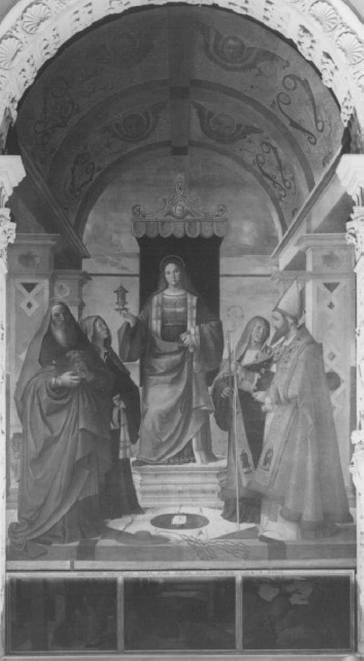 Madonna, Maria Maddalena e santo (dipinto) di Cincani Bartolomeo detto Bartolomeo Montagna (sec. XVI)