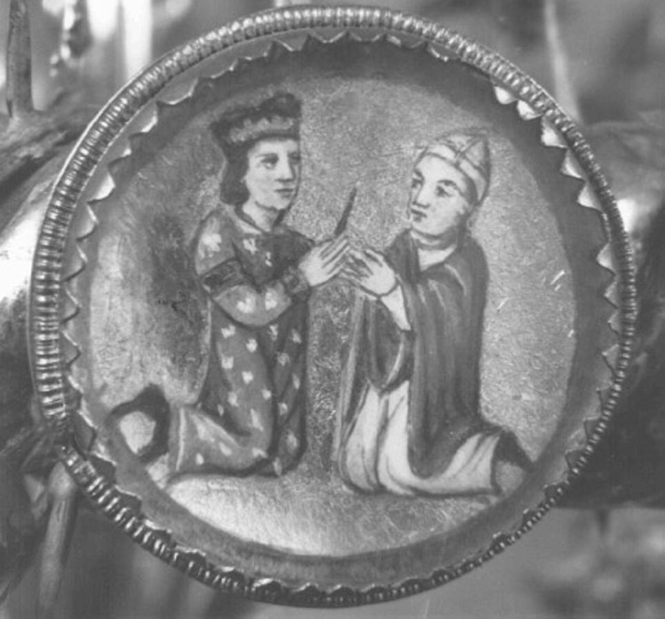 San Luigi re di Francia e il Beato Bartolomeo da Breganze inginocchiati adoranti la reliquia (miniatura) - ambito veneziano (secc. XIII/ XIV)