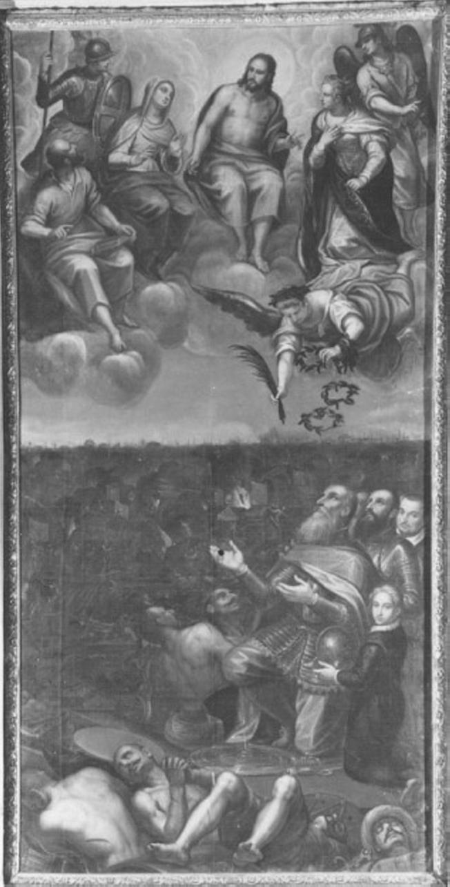 Il trionfo di Sebastiano Venier / figure di Committenti / Cristo / Madonna / San Sebastiano (?) / Santa Giustina / San Marco / San Michele Arcangelo / Vittoria alata (dipinto) di Maganza Giovanni Battista Il Giovane (sec. XVII)