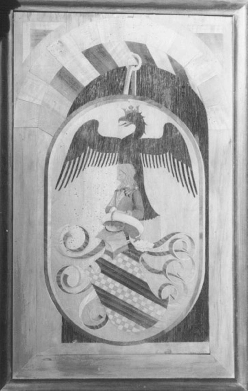 stemma gentilizio sormontato da figura maschile (decorazione a intarsio) di Dell'Abate Pierantonio Da Modena (attribuito) (sec. XV)