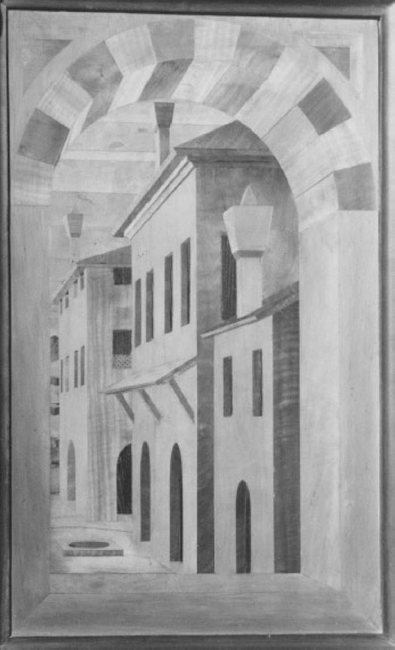veduta di città (decorazione a intarsio) di Dell'Abate Pierantonio Da Modena (attribuito) (sec. XV)