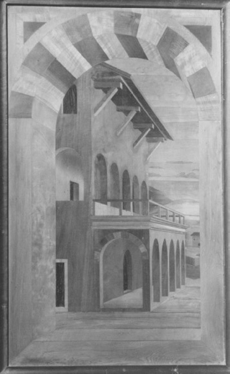veduta di un palazzo (decorazione a intarsio) di Dell'Abate Pierantonio Da Modena (attribuito) (sec. XV)