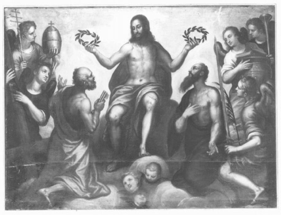 Cristo in trono fra San Pietro e San Paolo (dipinto) di Maganza Alessandro (attribuito) (sec. XVI)