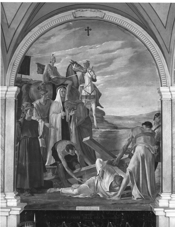 stazione VII: Gesù cade sotto la croce la seconda volta (dipinto) di Pegrassi Agostino (sec. XX)