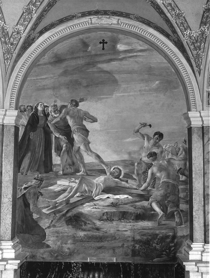 stazione XI: Gesù inchiodato alla croce (dipinto) di Pegrassi Agostino (sec. XX)