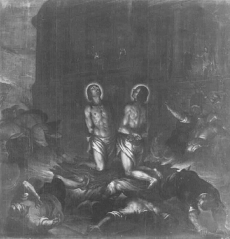 I Santi Leonzio e Carpoforo posti sul rogo (dipinto) di Maganza Alessandro, Maganza Giambattista Vecchio detto Magagnò (attribuito) (sec. XVII)