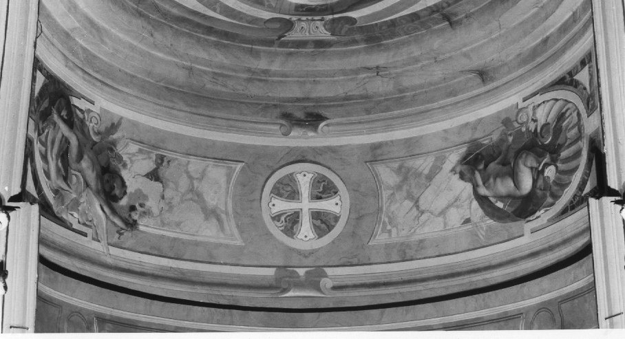 Angioletti con rose e spighe croce patente. Motivi decorativi a f inti marmi (dipinto) - ambito veneto (sec. XX)