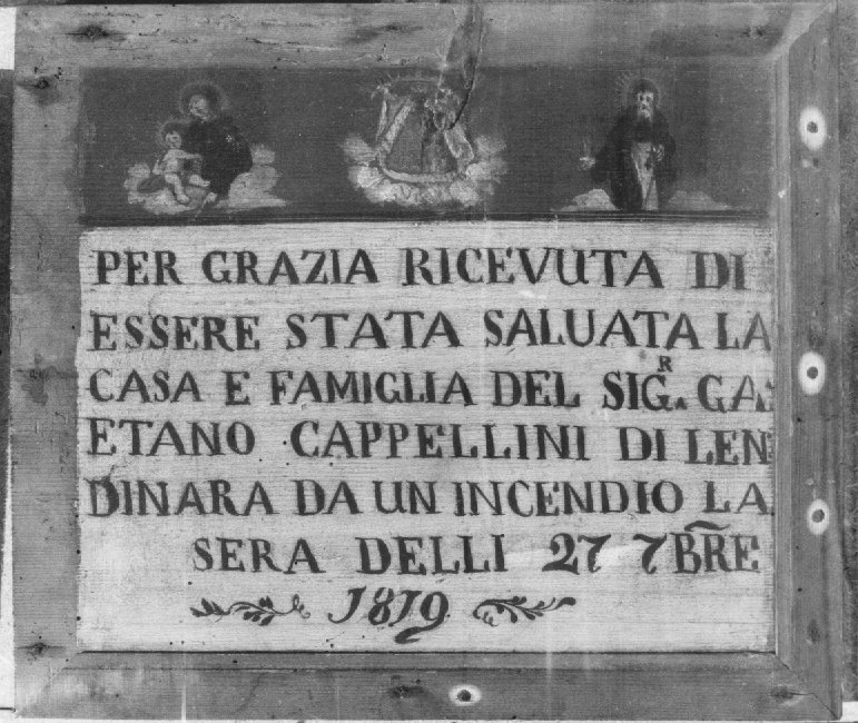 Iscrizione, Madonna del Pilastrello tra Sant' Antonio da Padova e Sant' Antonio Abate (dipinto) - ambito veneto (sec. XIX)