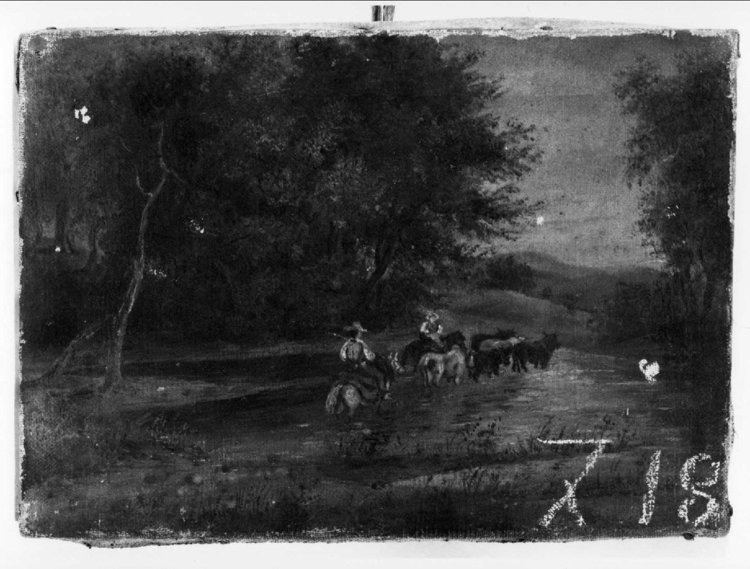 Mandriani che passano un fiume, paesaggio fluviale (dipinto) di Castegnaro Federico - ambito veneto (metà sec. XIX)