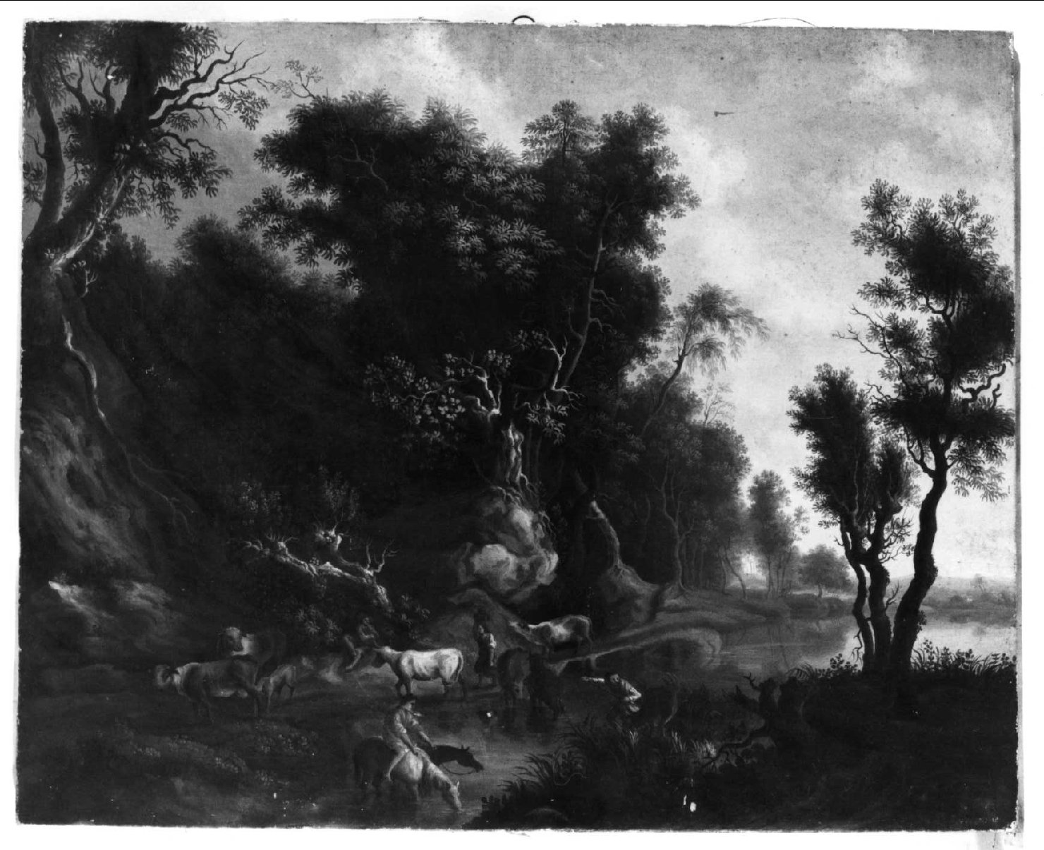 Animali e pastori al fiume, paesaggio fluviale (dipinto) di Castegnaro Federico (metà sec. XIX)