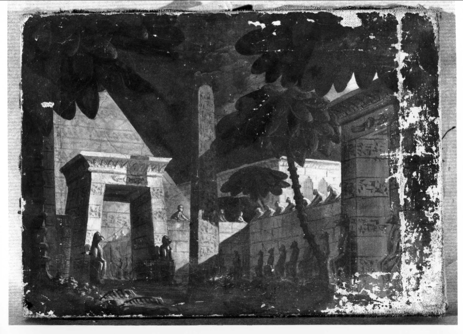 Architetture egiziane sotto la luna, veduta di palazzi egiziani (dipinto) di Castegnaro Federico (sec. XIX)