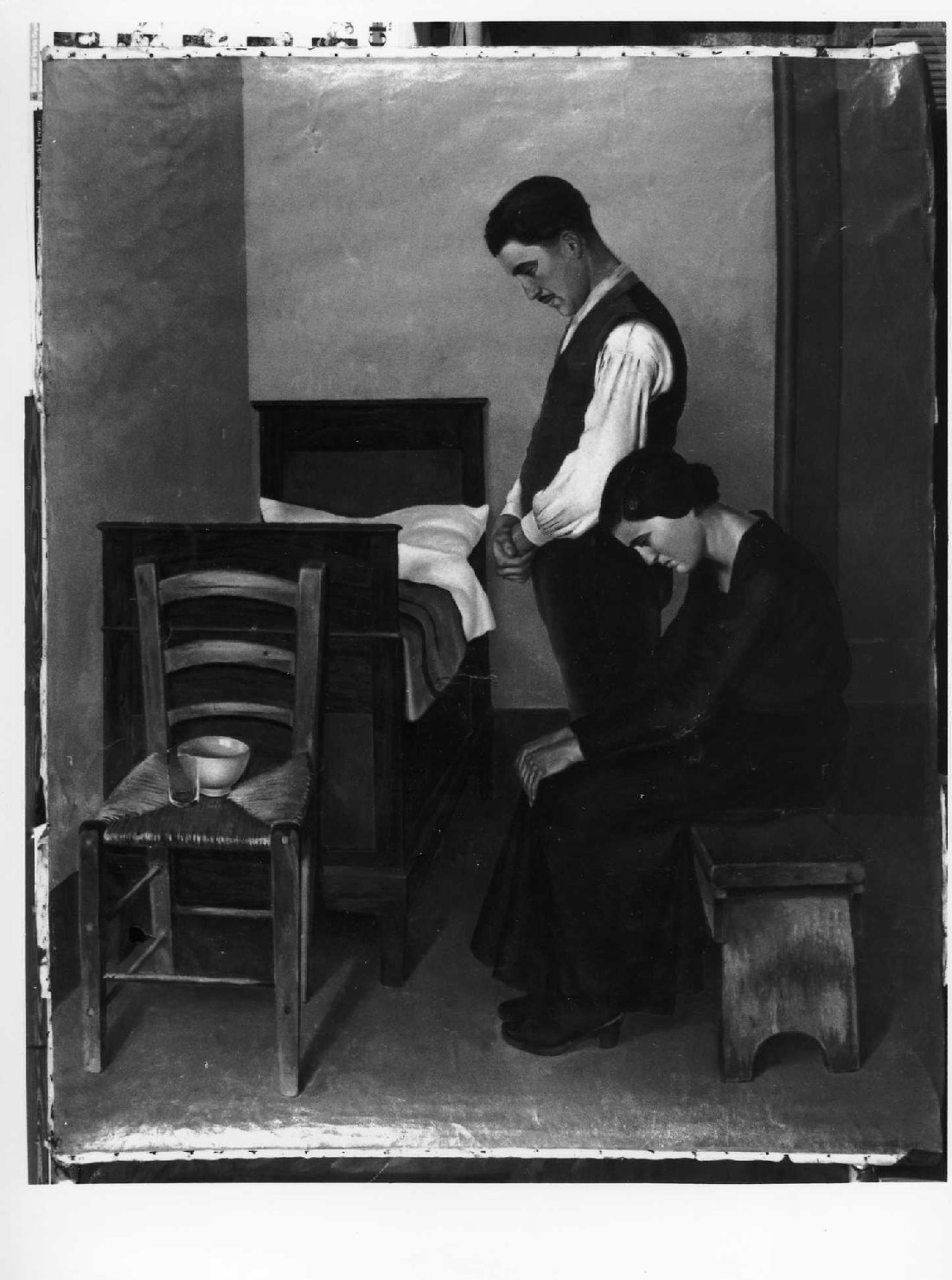 Coniugi in preghiera, interno con figure (dipinto) di Perrissinotti Lino (sec. XX)