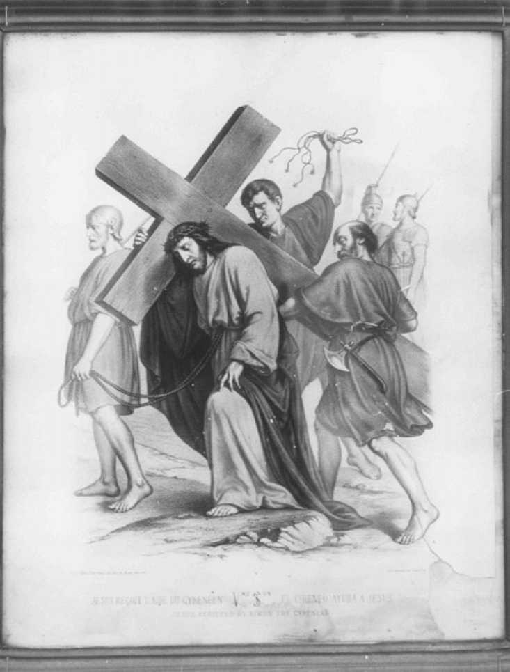 stazione V: Gesù aiutato da Simone il Cireneo a portare la croce (stampa) - ambito parmense, ambito parigino (seconda metà sec. XIX)