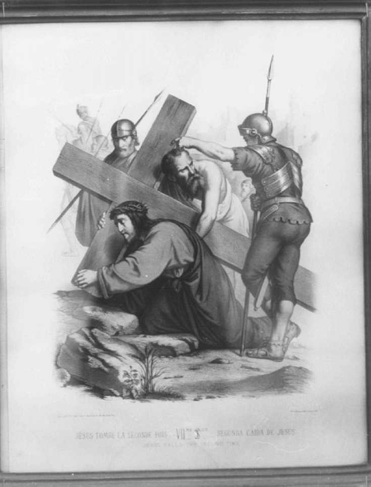 stazione VII: Gesù cade sotto la croce la seconda volta (stampa) - ambito parmense, ambito parigino (seconda metà sec. XIX)