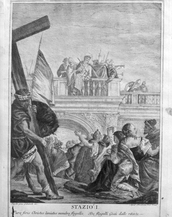 stazione I: Gesù condannato a morte (stampa colorata a mano, elemento d'insieme) - ambito veneziano (ultimo quarto sec. XVIII)