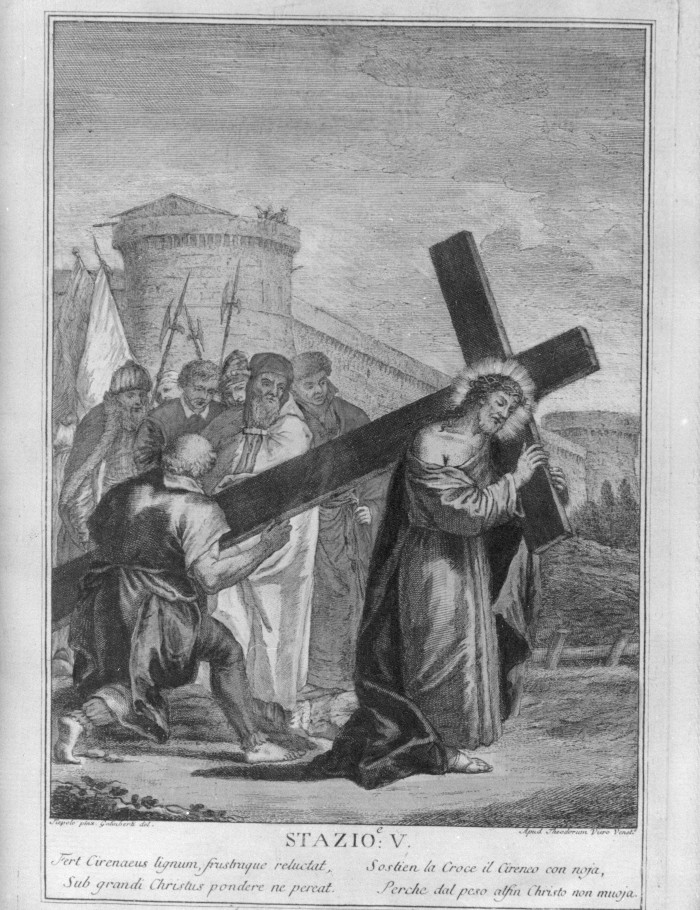 stazione V: Gesù aiutato da Simone il Cireneo a portare la croce (stampa colorata a mano, elemento d'insieme) - ambito veneziano (ultimo quarto sec. XVIII)