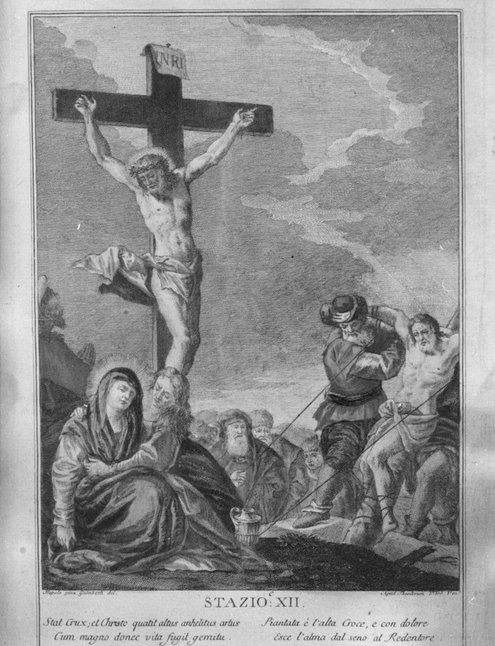 stazione XII: Gesù innalzato e morto in croce (stampa colorata a mano, elemento d'insieme) - ambito veneziano (ultimo quarto sec. XVIII)