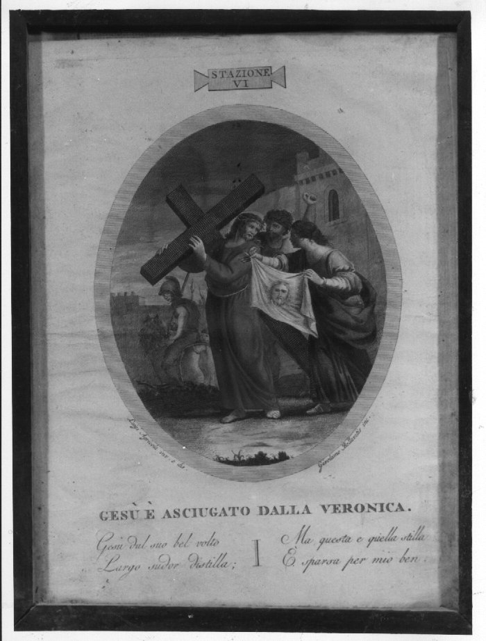 stazione VI: Gesù asciugato dalla Veronica (stampa a colori) di Bellavitis Girolamo, Agricola Luigi (sec. XVIII)