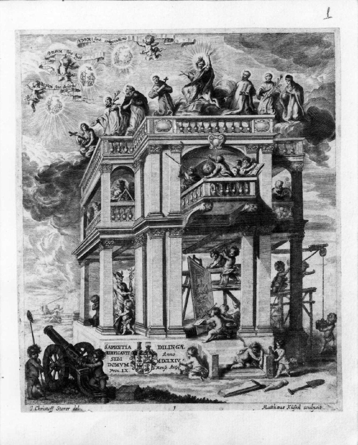 Costruzione del tempio della Sapienza, scena biblica (stampa smarginata, serie) di Storer Johann Christophorus, Kussel Matthaeus (sec. XVII)