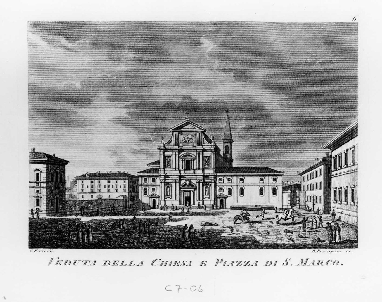 Veduta della chiesa e piazza di S. Marco, veduta di Firenze (stampa smarginata, serie) di Ferri Gaetano, Rosaspina Bernardino (sec. XIX)