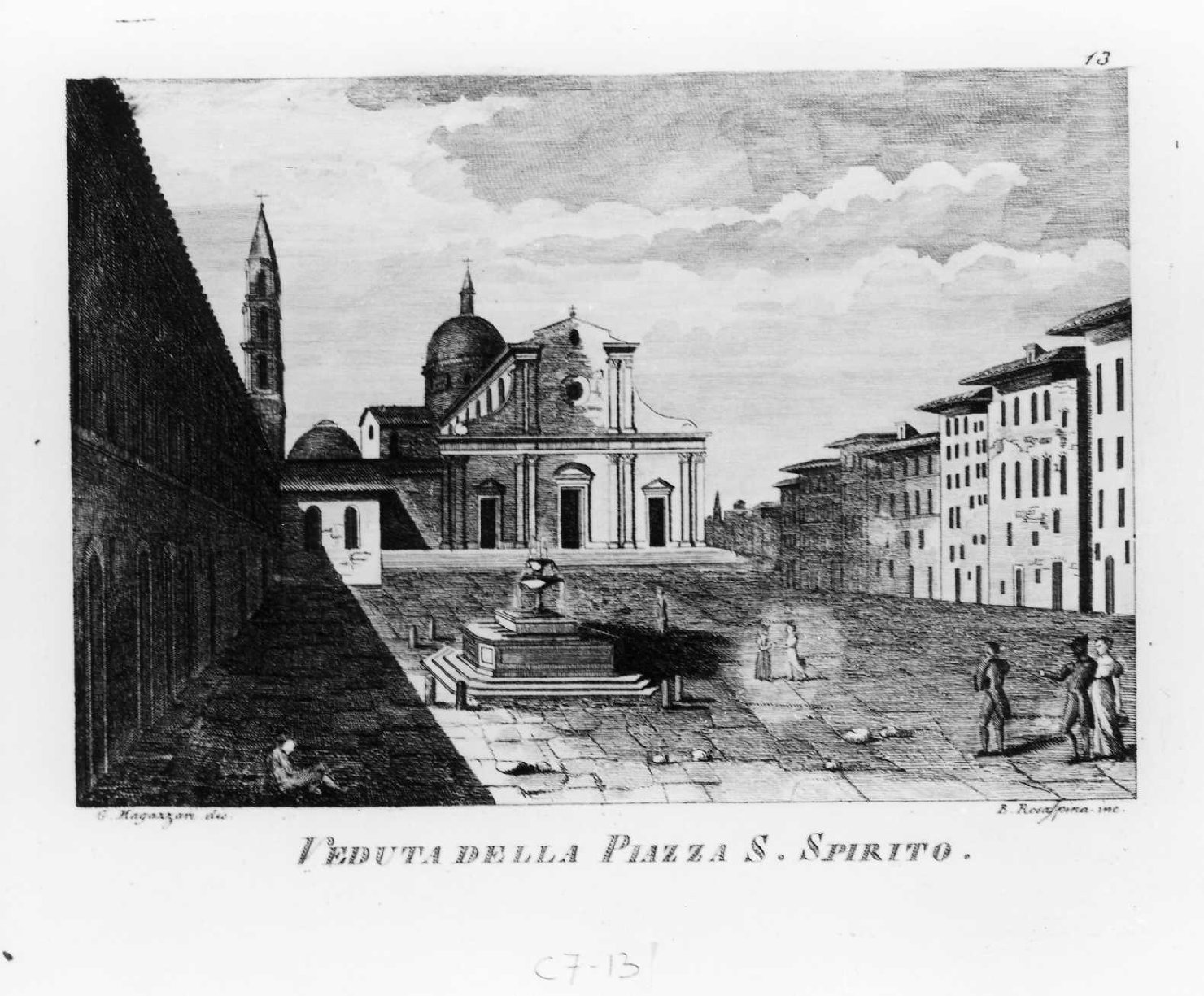 Veduta della piazza di S. Spirito, veduta di Firenze (stampa smarginata, serie) di Magazzari Giovanni, Rosaspina Bernardino (sec. XIX)