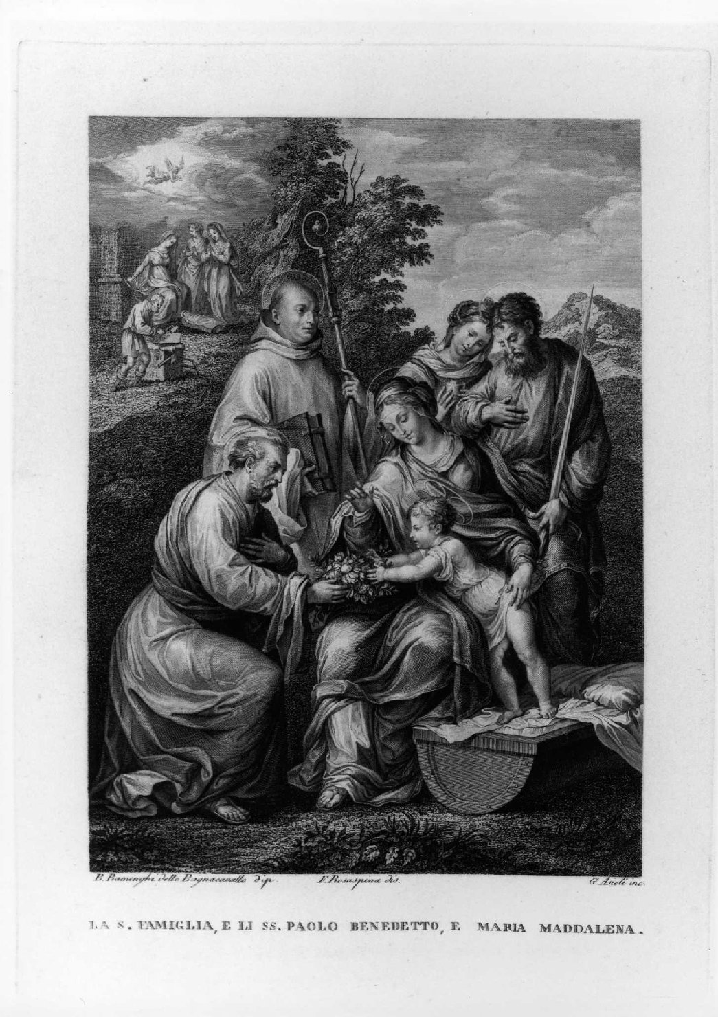 Sacra Famiglia con i Santi Benedetto, Paolo e Maddalena, Sacra Famiglia con Santi (stampa, serie) di Ramenghi Bartolomeo detto Bagnacavallo, Rosaspina Francesco, Asioli Giuseppe (sec. XIX)