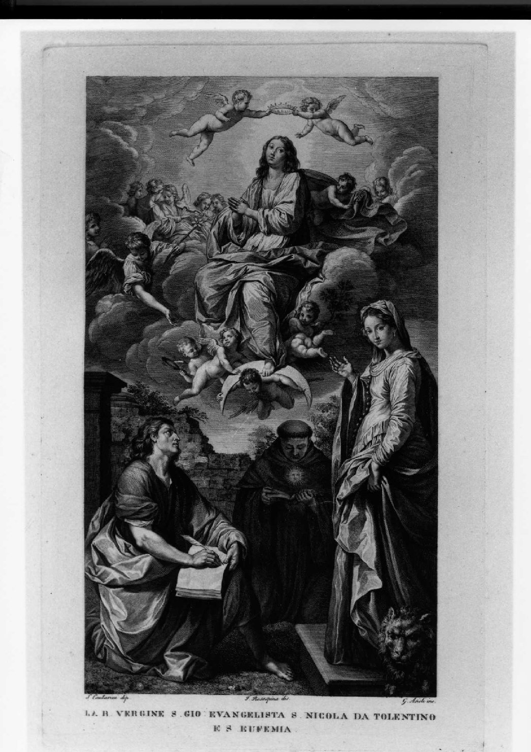 Madonna in gloria e i Santi Giovanni Evangelista, Eufemia e Nicola da Tolentino, Madonna in gloria con angeli e Santi (stampa, serie) di Asioli Giuseppe, Rosaspina Francesco, Cantarini Simone detto Pesarese (sec. XIX)