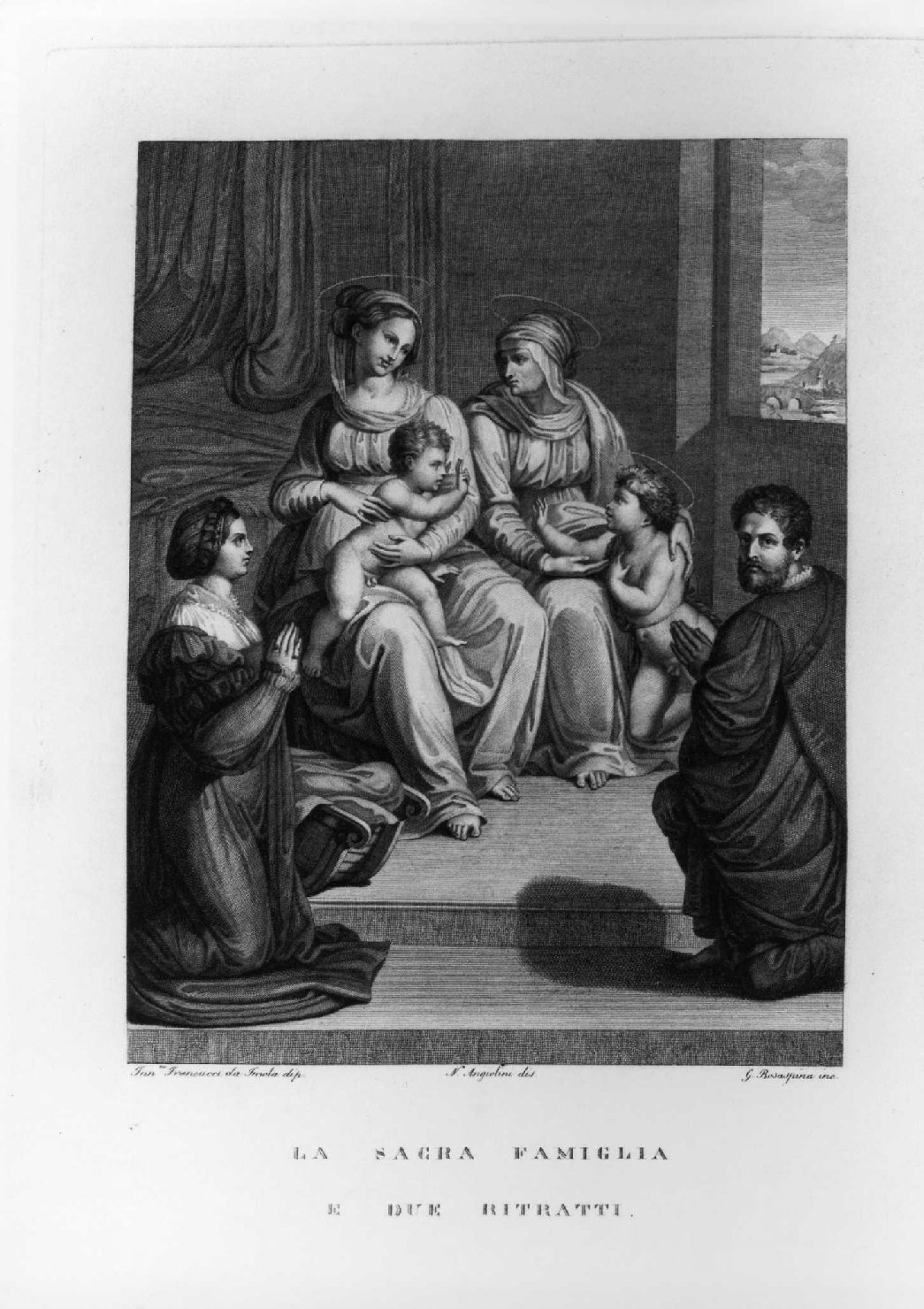 Madonna con Gesù Bambino, San Giovanni Battista bambino, Sant'Elisabetta e devoti (stampa, serie) di Francucci Innocenzo detto Innocenzo da Imola, Rosaspina Francesco, Angiolini Napoleone (sec. XIX)