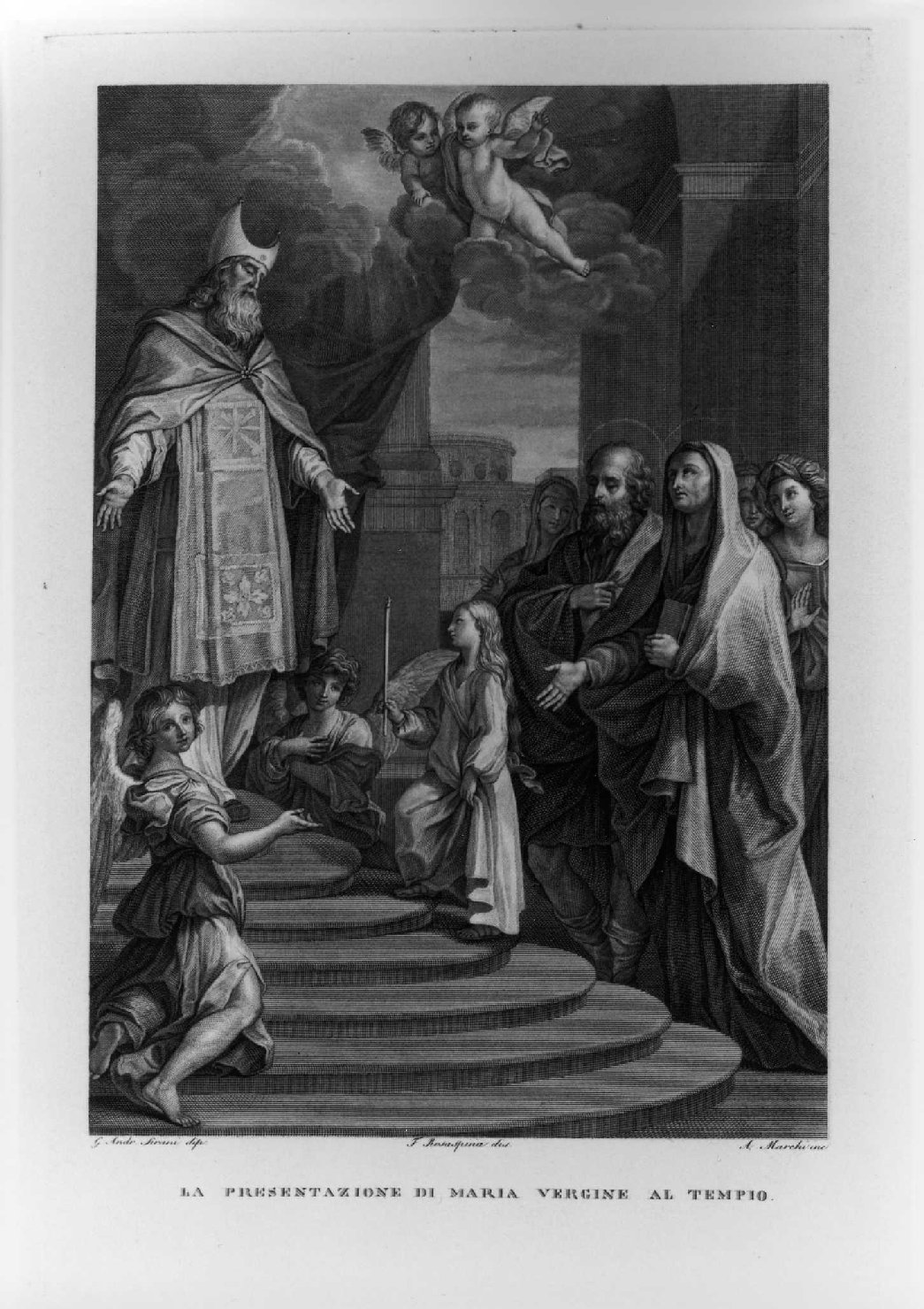 presentazione di Maria Vergine al tempio (stampa, serie) di Sirani Giovanni Andrea, Marchi Antonio, Rosaspina Francesco (sec. XIX)