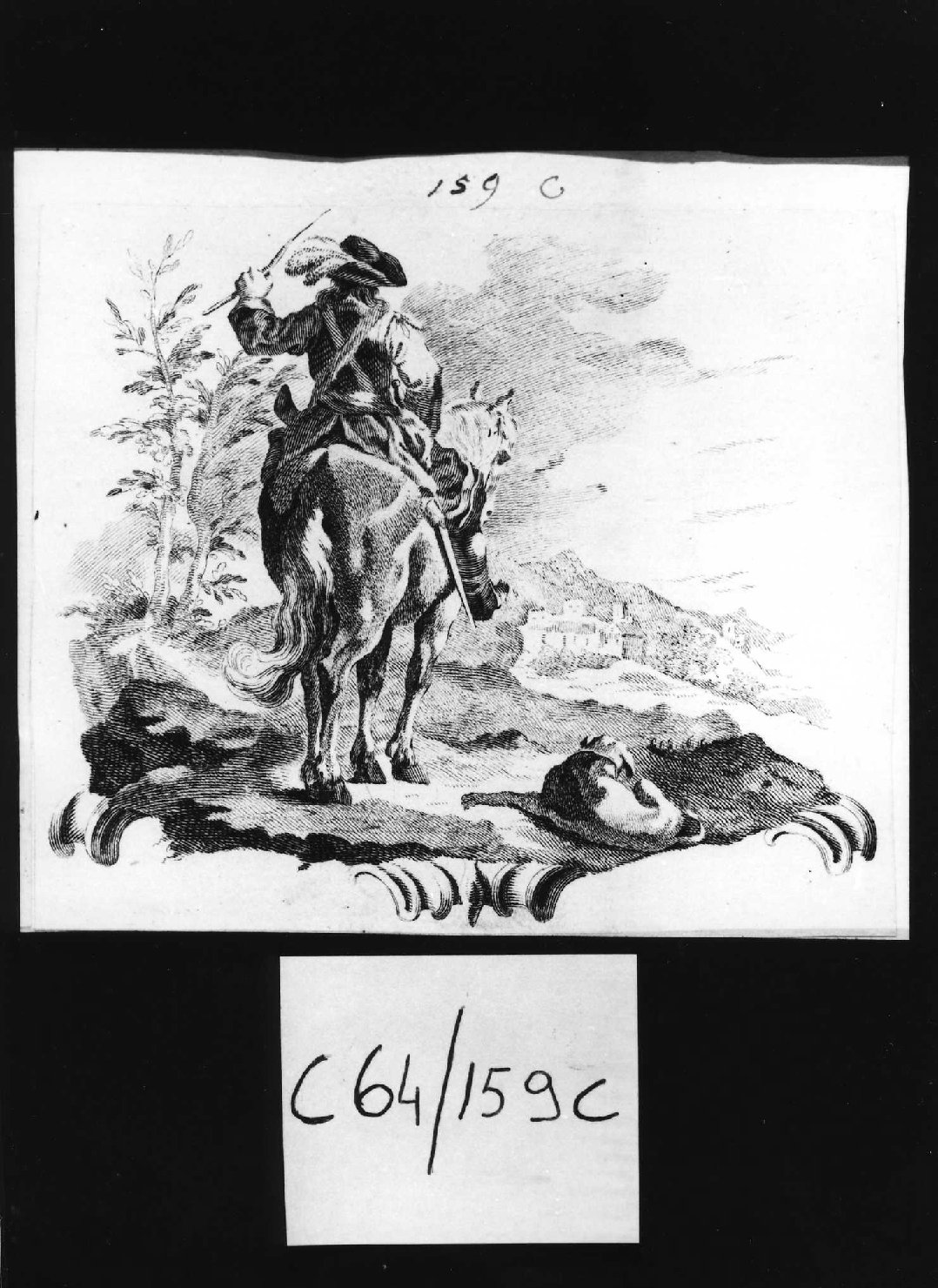 Cacciatore a cavallo, scena di caccia (stampa smarginata, serie) di Piazzetta Giovanni Battista (sec. XVIII)