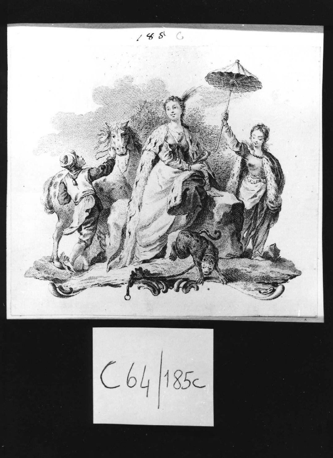 Figura femminile con ancella e ombrellino, figure femminili (stampa smarginata, serie) di Piazzetta Giovanni Battista (sec. XVIII)