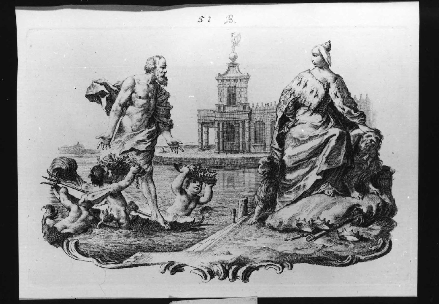 Nettuno rende omaggio a Venezia, scena allegorica (stampa smarginata, serie) di Piazzetta Giovanni Battista, Schedel Martin (attribuito) (sec. XVIII)