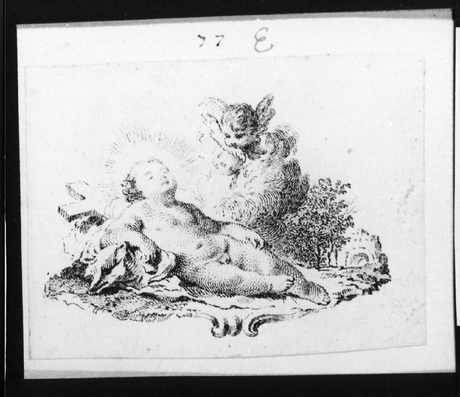 Gesù Bambino dormiente sulla croce (stampa smarginata, serie) di Piazzetta Giovanni Battista (attribuito) (sec. XVIII)