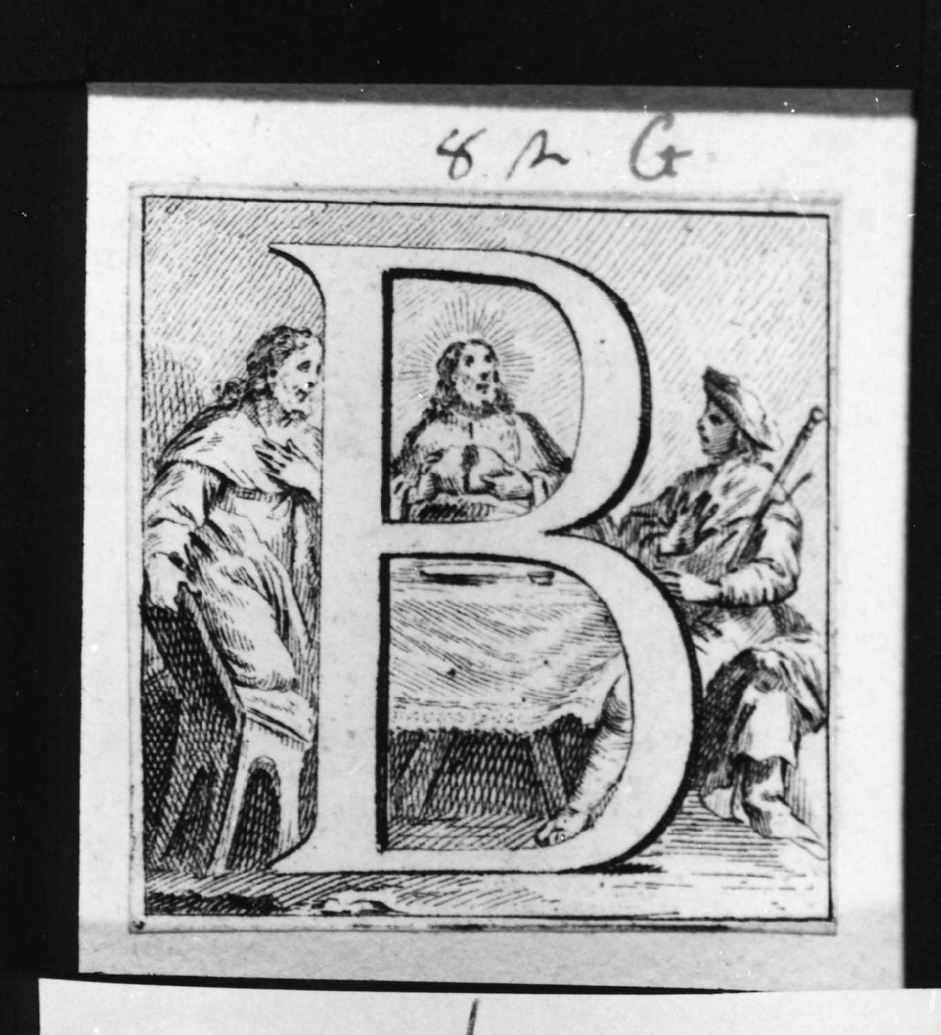 Iniziale B istoriata con cena in Emmaus, lettera iniziale istoriata (stampa smarginata, serie) di Piazzetta Giovanni Battista (attribuito) (sec. XVIII)
