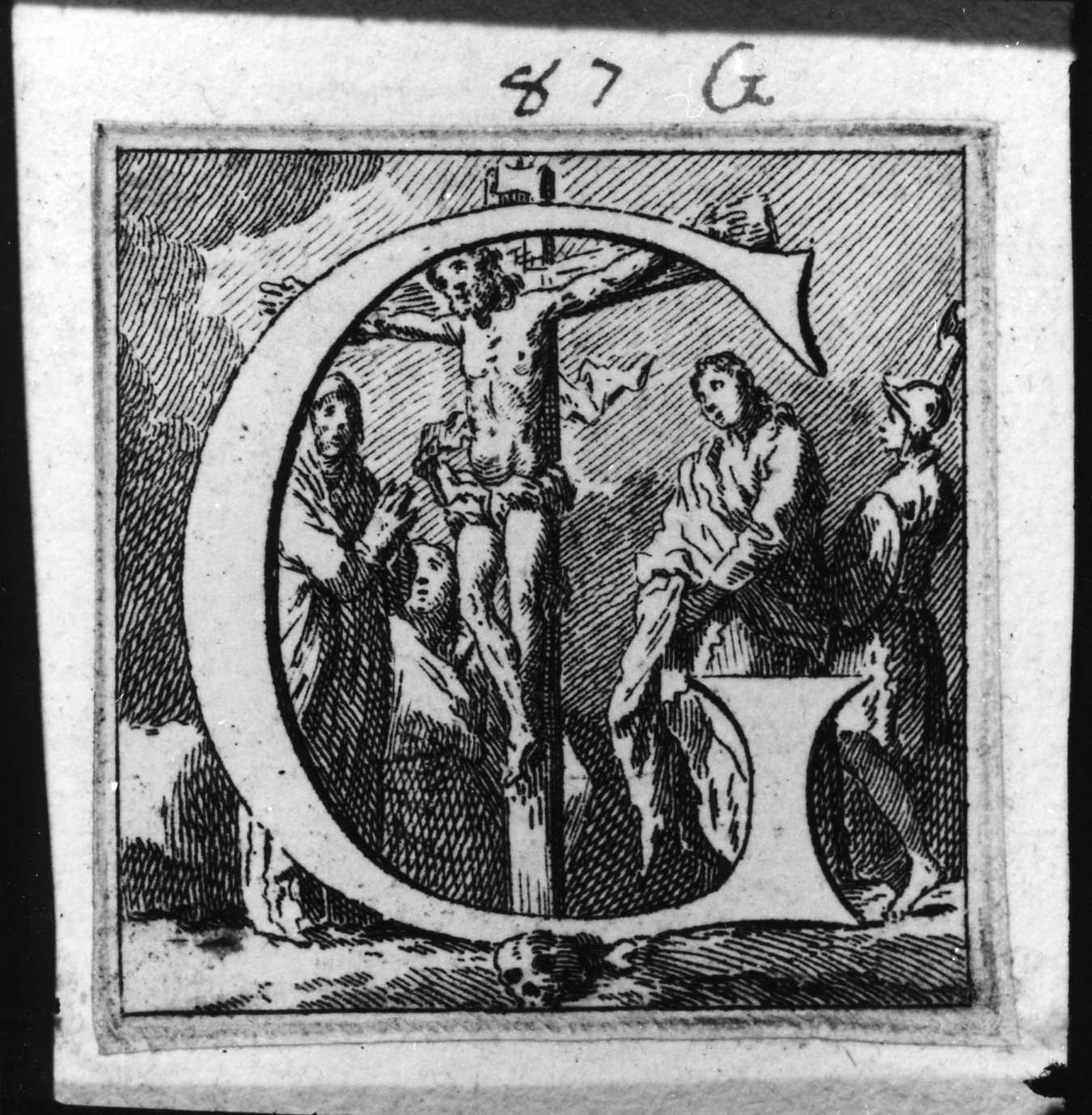Iniziale G istoriata con Crocifissione, lettera iniziale istoriata (stampa smarginata, serie) di Piazzetta Giovanni Battista (attribuito) (sec. XVIII)