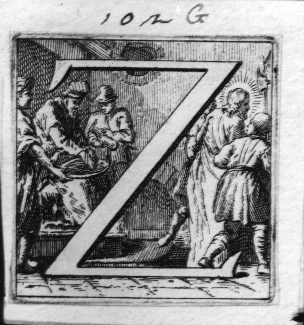 Iniziale Z istoriata con Pilato si lava le mani, lettera iniziale istoriata (stampa smarginata, serie) di Piazzetta Giovanni Battista (attribuito) (sec. XVIII)