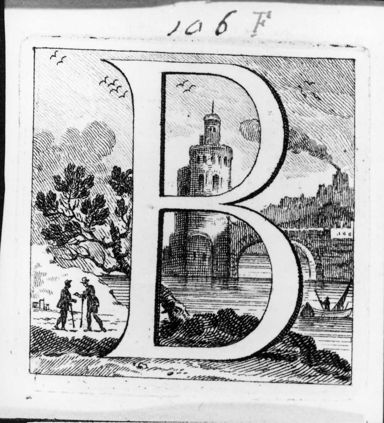 Iniziale istoriata con paesaggio, lettera iniziale istoriata (stampa, serie) di Piazzetta Giovanni Battista (sec. XVIII)