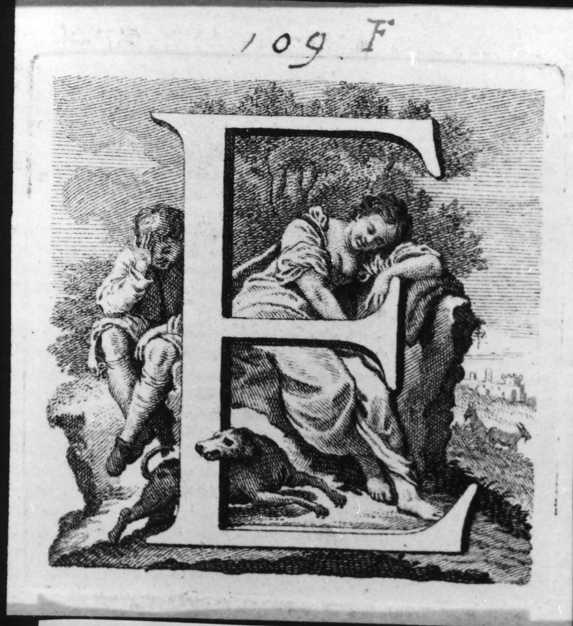 Iniziale istoriata con scena pastorale, lettera iniziale istoriata (stampa, serie) di Piazzetta Giovanni Battista (sec. XVIII)