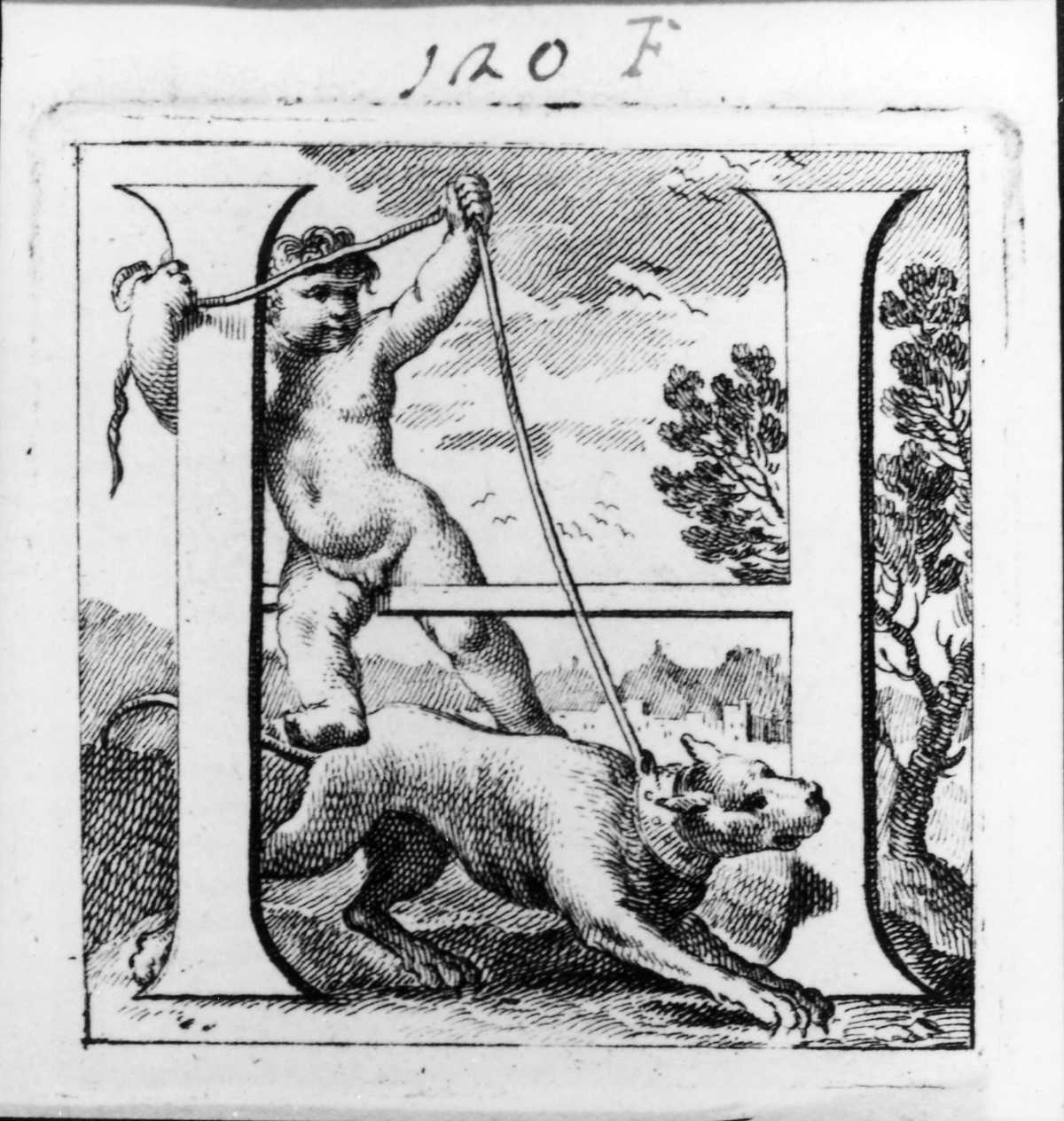 Iniziale istoriata con putto e cane, lettera iniziale istoriata (stampa, serie) di Piazzetta Giovanni Battista (sec. XVIII)