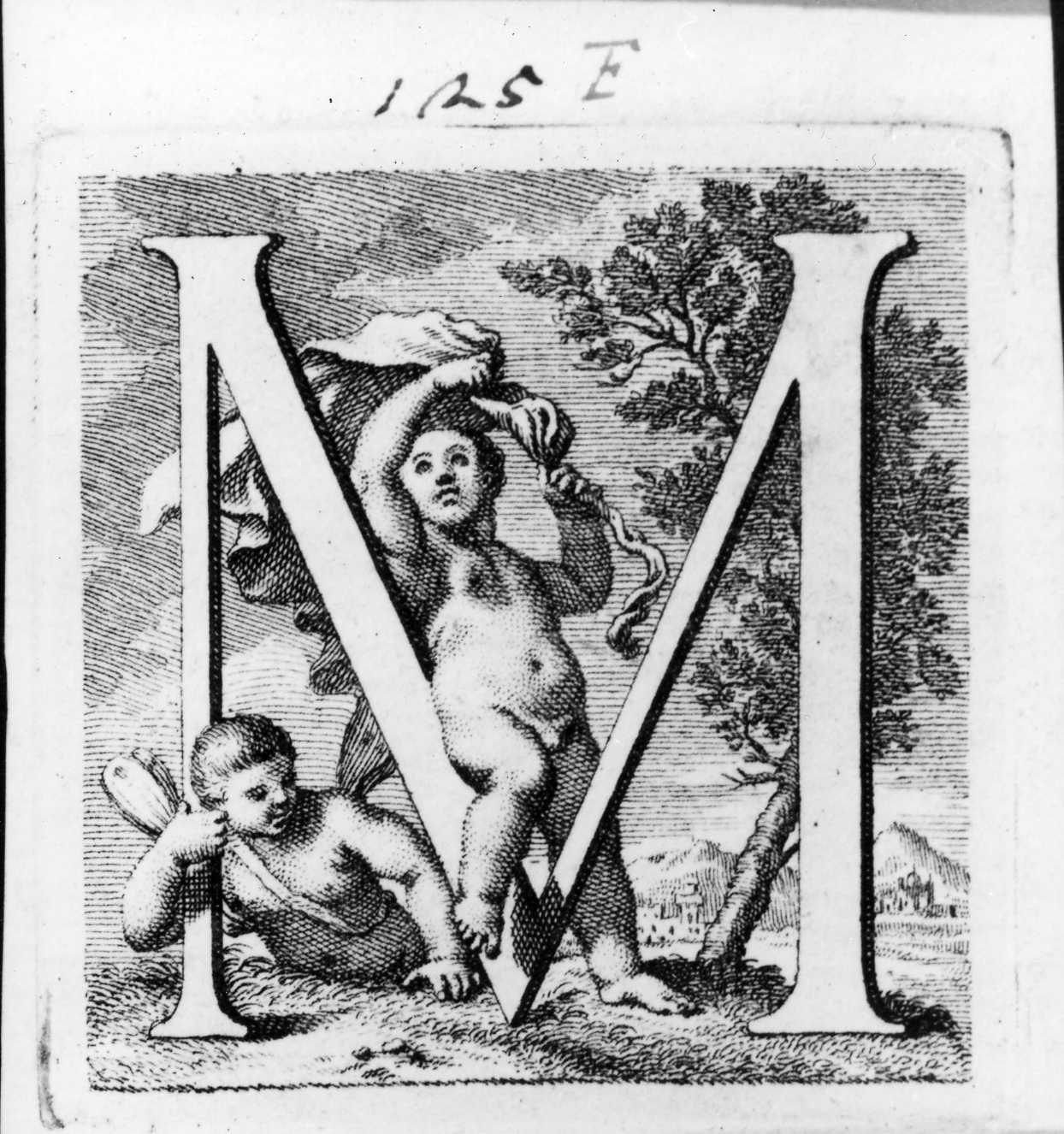 Iniziale istoriata con putto e amorino, lettera iniziale istoriata (stampa, serie) di Piazzetta Giovanni Battista (sec. XVIII)