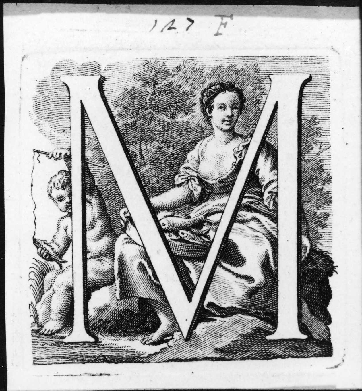 Iniziale istoriata con scena campestre, lettera iniziale istoriata (stampa, serie) di Piazzetta Giovanni Battista (sec. XVIII)