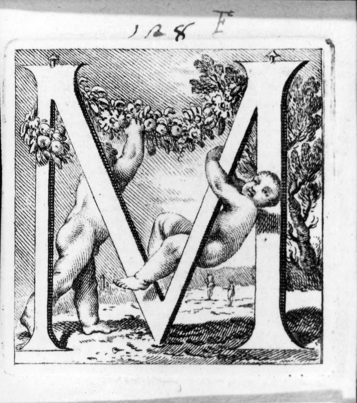 Iniziale istoriata con putti, lettera iniziale istoriata (stampa, serie) di Piazzetta Giovanni Battista (sec. XVIII)