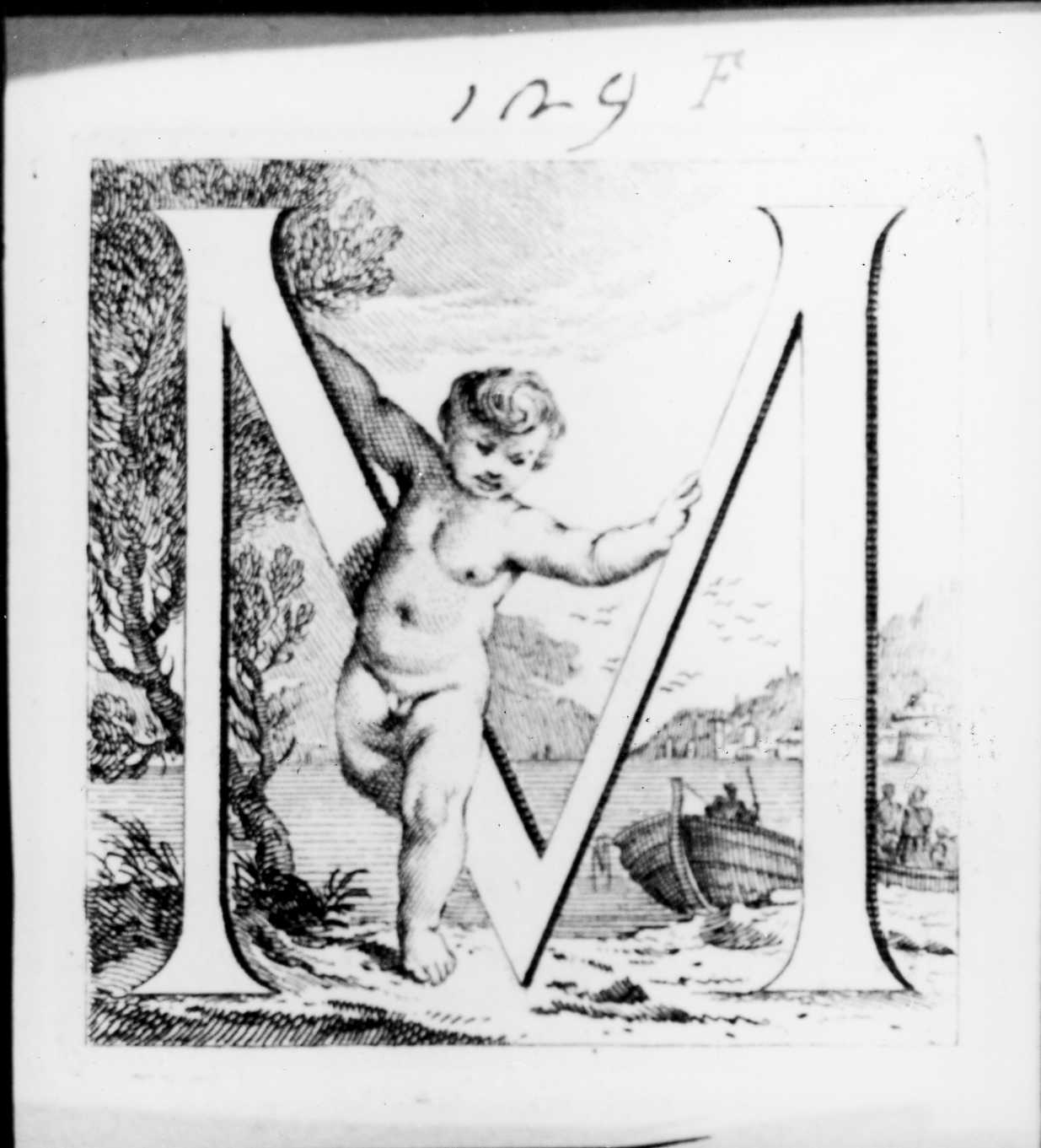 Iniziale istoriata con putto e marina, lettera iniziale istoriata (stampa, serie) di Piazzetta Giovanni Battista (sec. XVIII)
