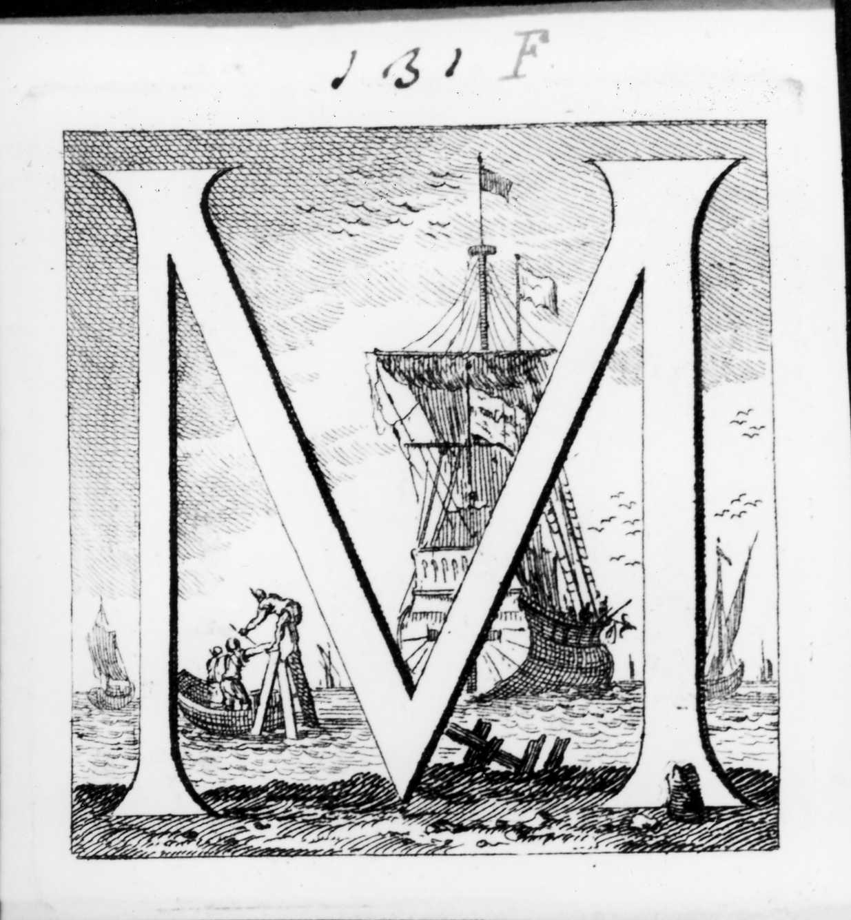 Iniziale istoriata con marina, lettera iniziale istoriata (stampa, serie) di Piazzetta Giovanni Battista (sec. XVIII)